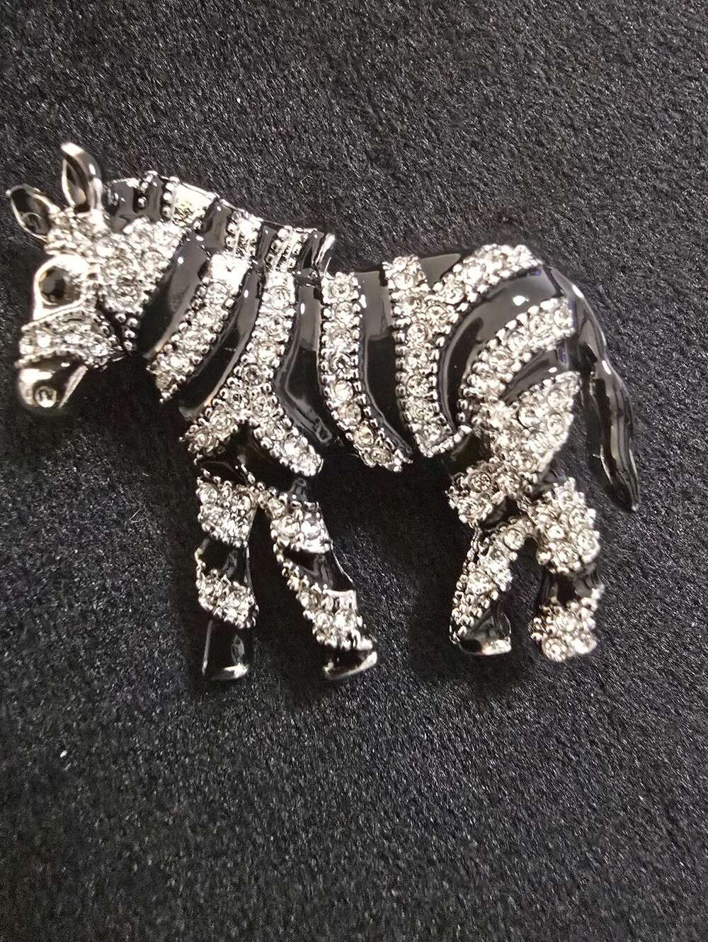 Rhinestone Zebra Brooch - Black and Silver Enamel